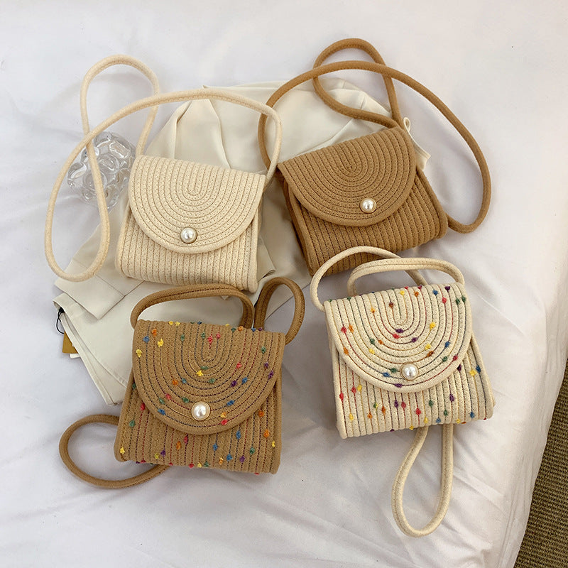 Trendy Cotton Rope Woven Cross-Body Bag with Pearl Accents for a Modern Look