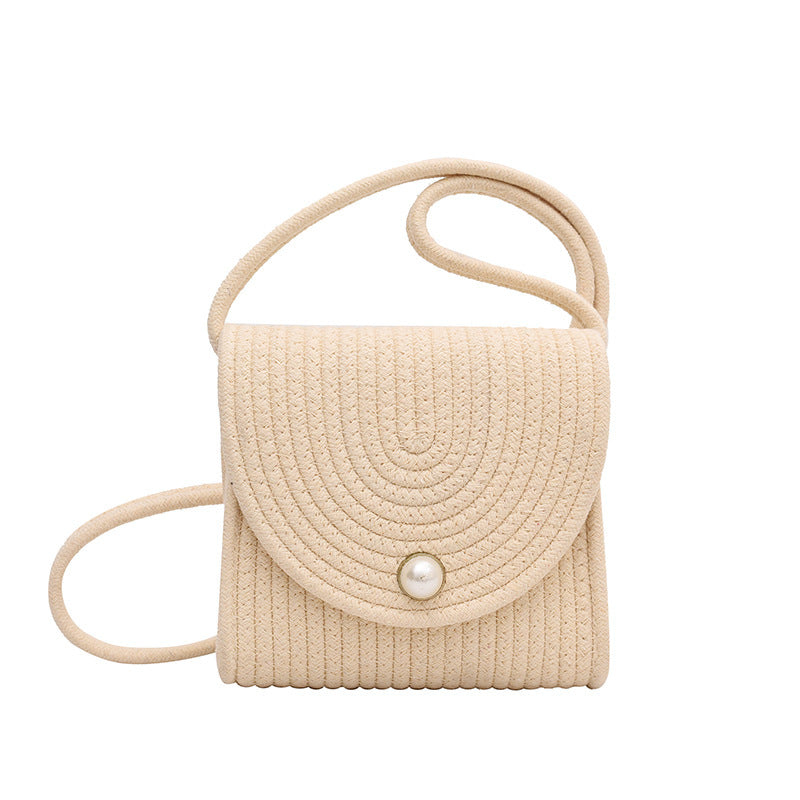 Trendy Cotton Rope Woven Cross-Body Bag with Pearl Accents for a Modern Look