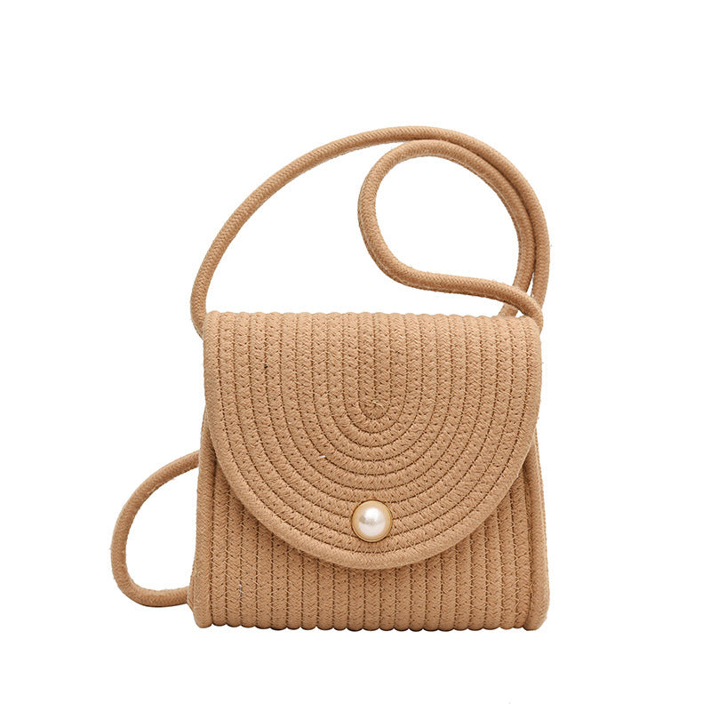 Trendy Cotton Rope Woven Cross-Body Bag with Pearl Accents for a Modern Look