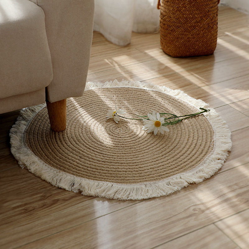 Round Textured Cotton Rope Floor Mat with Fringe Details for Living Room and Balcony