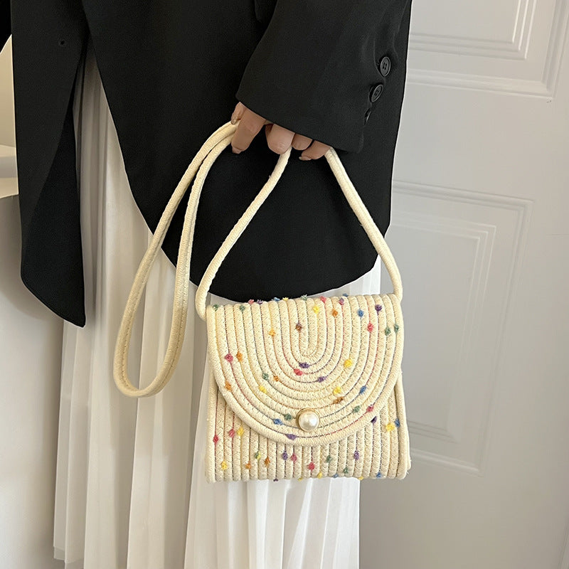 Trendy Cotton Rope Woven Cross-Body Bag with Pearl Accents for a Modern Look