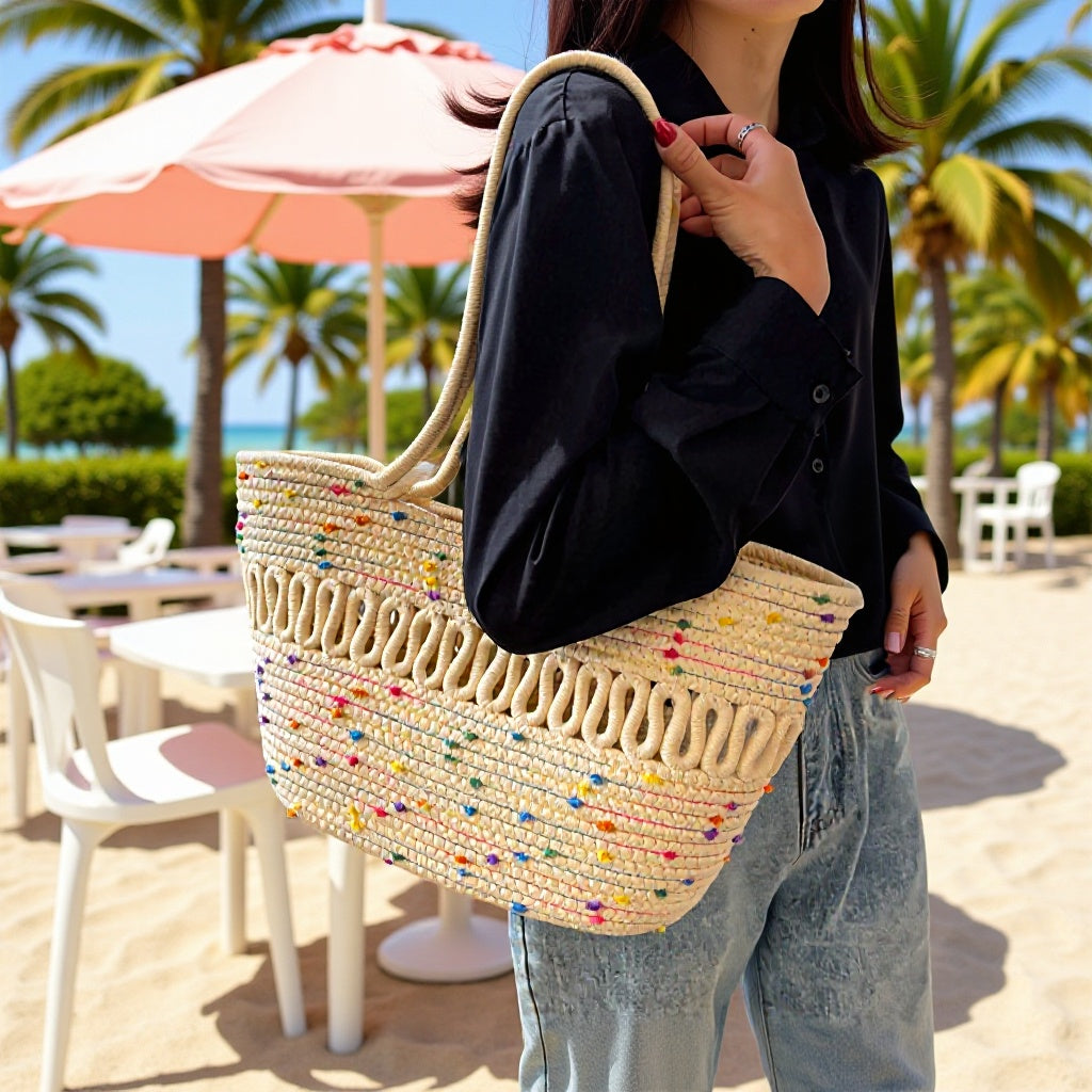 Large-Capacity Woven Straw Tote Bag for Summer Beach and Vacation Getaways