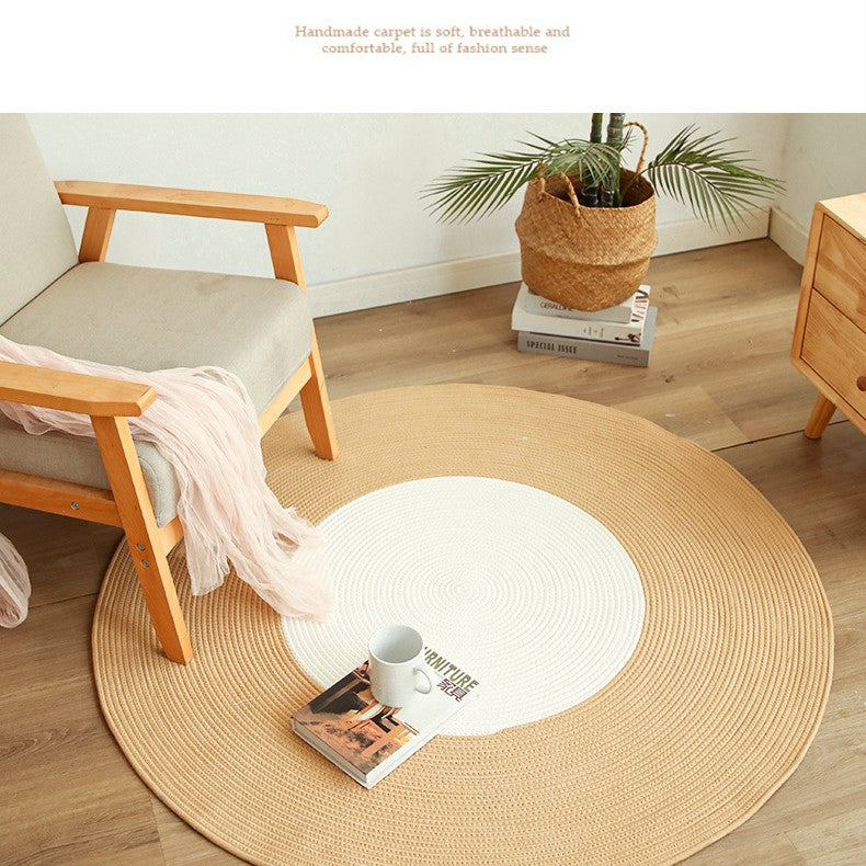 Round Textured Cotton Rope Floor Mat with Fringe Details for Living Room and Balcony