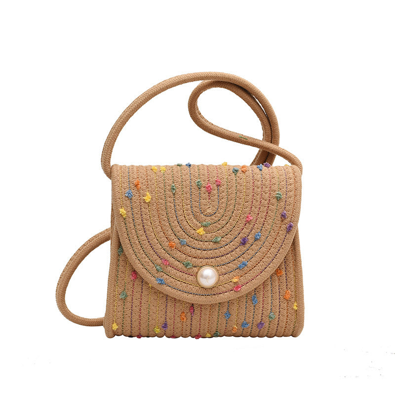 Trendy Cotton Rope Woven Cross-Body Bag with Pearl Accents for a Modern Look