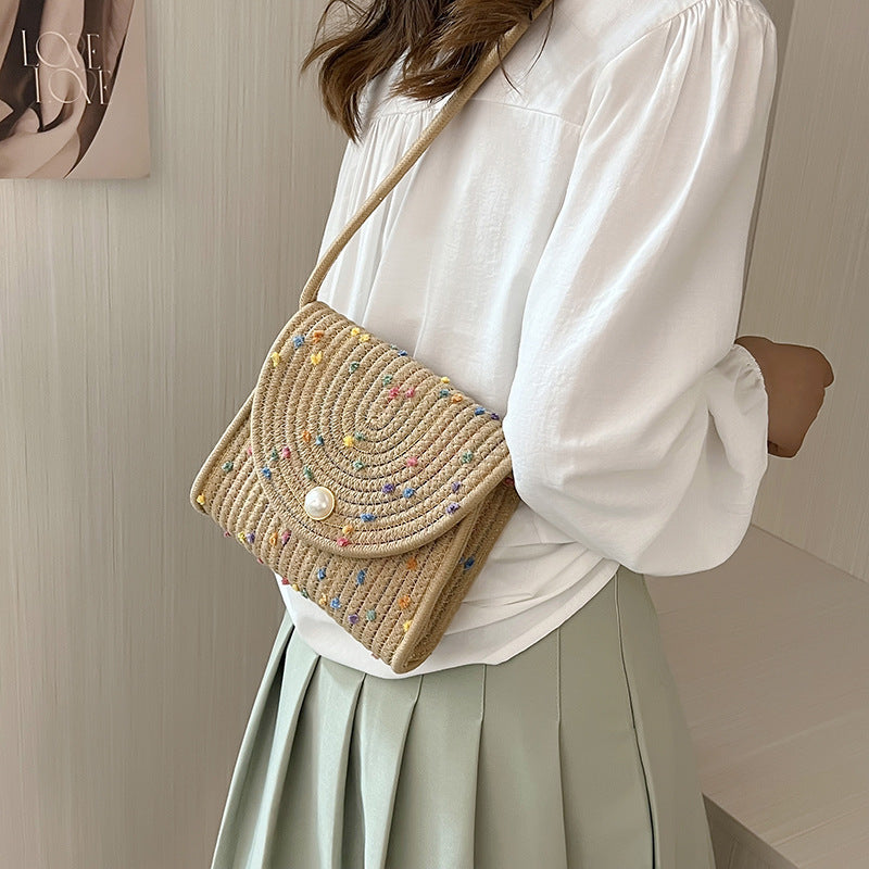 Trendy Cotton Rope Woven Cross-Body Bag with Pearl Accents for a Modern Look
