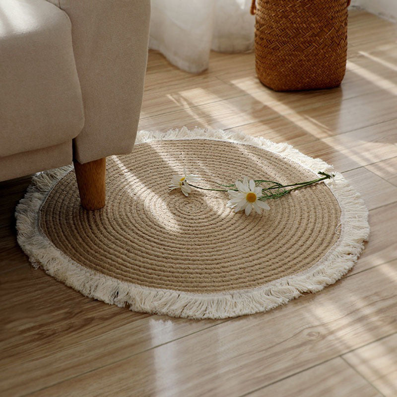 Round Textured Cotton Rope Floor Mat with Fringe Details for Living Room and Balcony