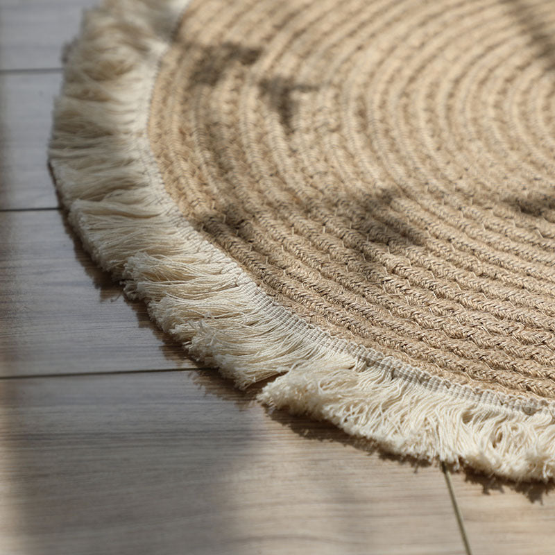 Round Textured Cotton Rope Floor Mat with Fringe Details for Living Room and Balcony