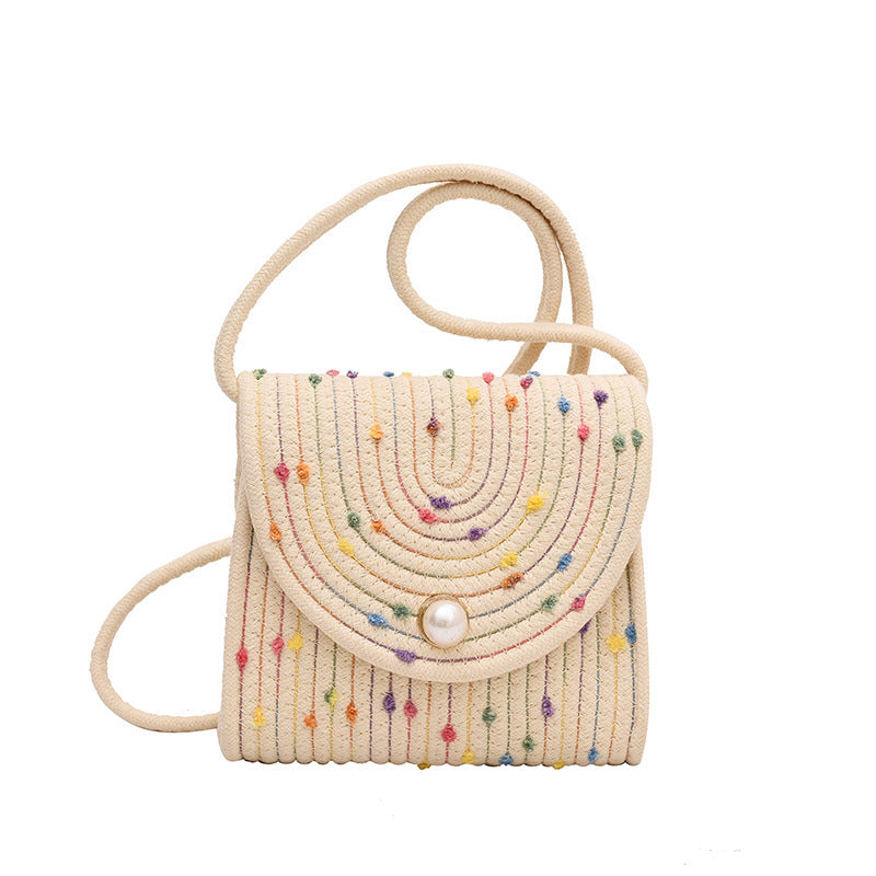 Trendy Cotton Rope Woven Cross-Body Bag with Pearl Accents for a Modern Look