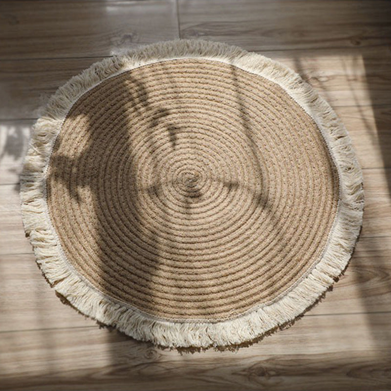 Round Textured Cotton Rope Floor Mat with Fringe Details for Living Room and Balcony